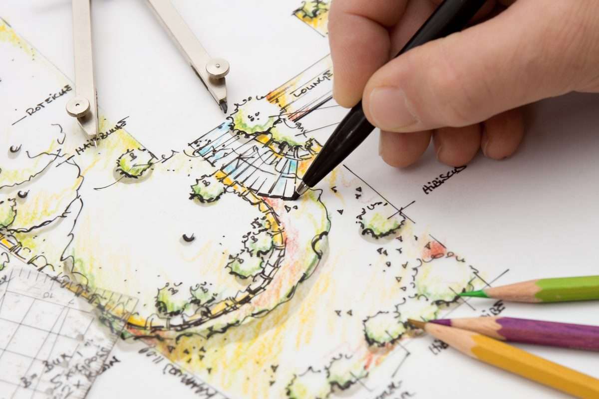 Landscape Architect sketching Detail on Garden Plan.