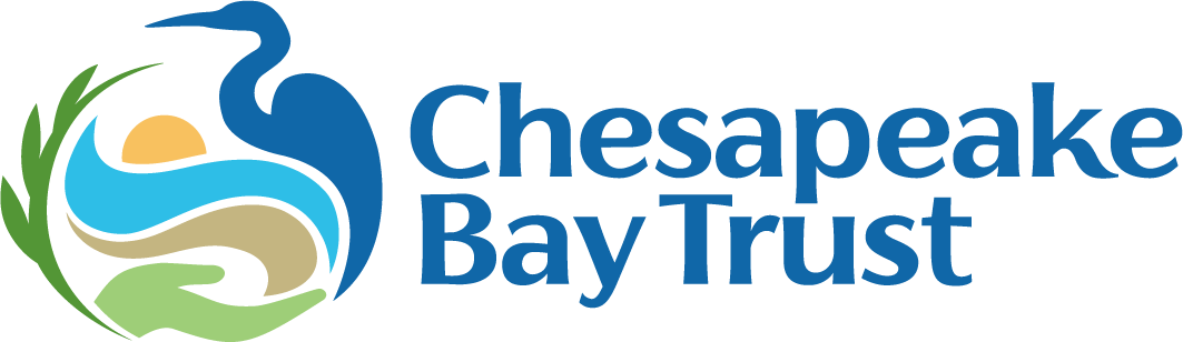 Logo of Chesapeake Bay Trust featuring a stylized blue heron above abstract shapes of water, land, a sun, green grass, and a hand, alongside the text “Chesapeake Bay Trust” in blue letters.