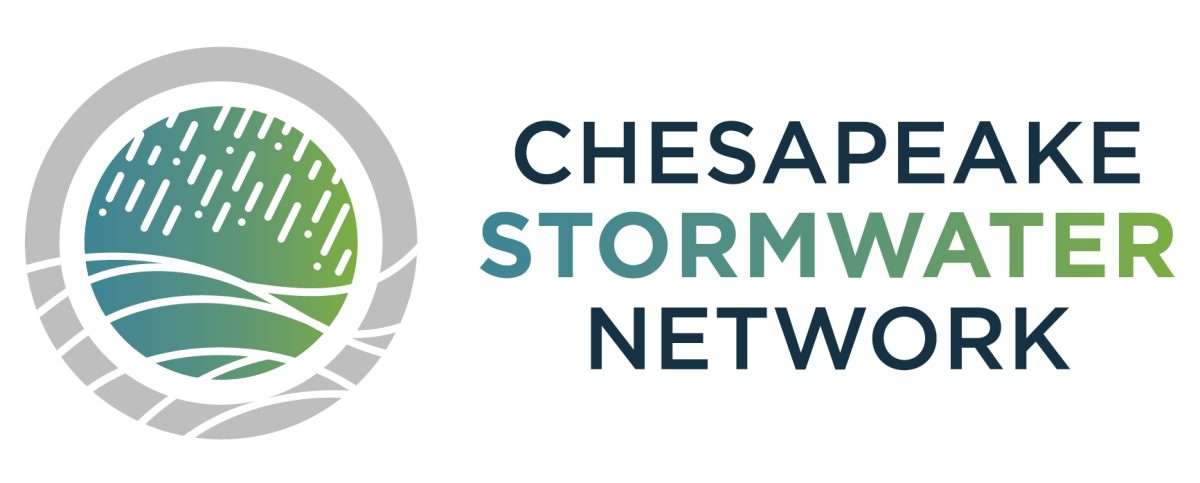 Logo for Chesapeake Stormwater Network featuring a circular graphic of rain falling over waves, with the organization’s name in bold letters to the right, and STORMWATER highlighted in blue and green.