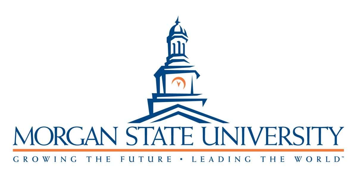 Morgan State University logo featuring a blue outline of a campus building with a dome, an orange underline, and the slogan Growing the Future • Leading the World beneath the university name.