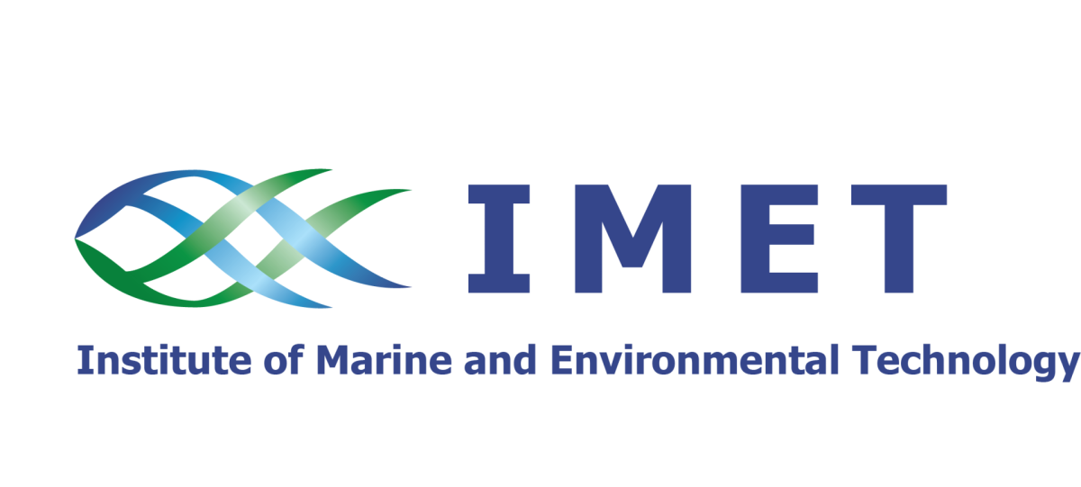 Logo for the Institute of Marine and Environmental Technology (IMET) featuring blue and green interwoven shapes resembling fish or waves, with the institutes name in bold blue text.